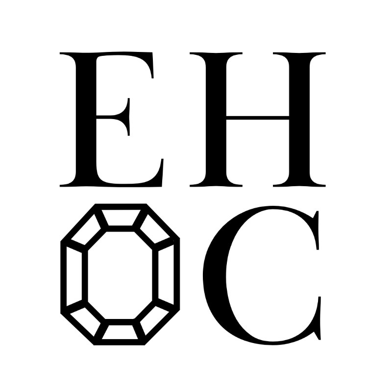 Black 'EHOC' logo with a stylized octagonal gemstone on a white background